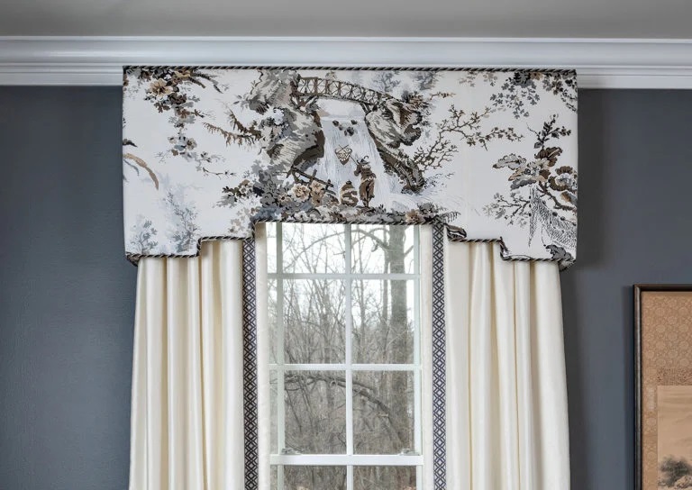 Spectacular Shaped Cornice with a Black and White Toile