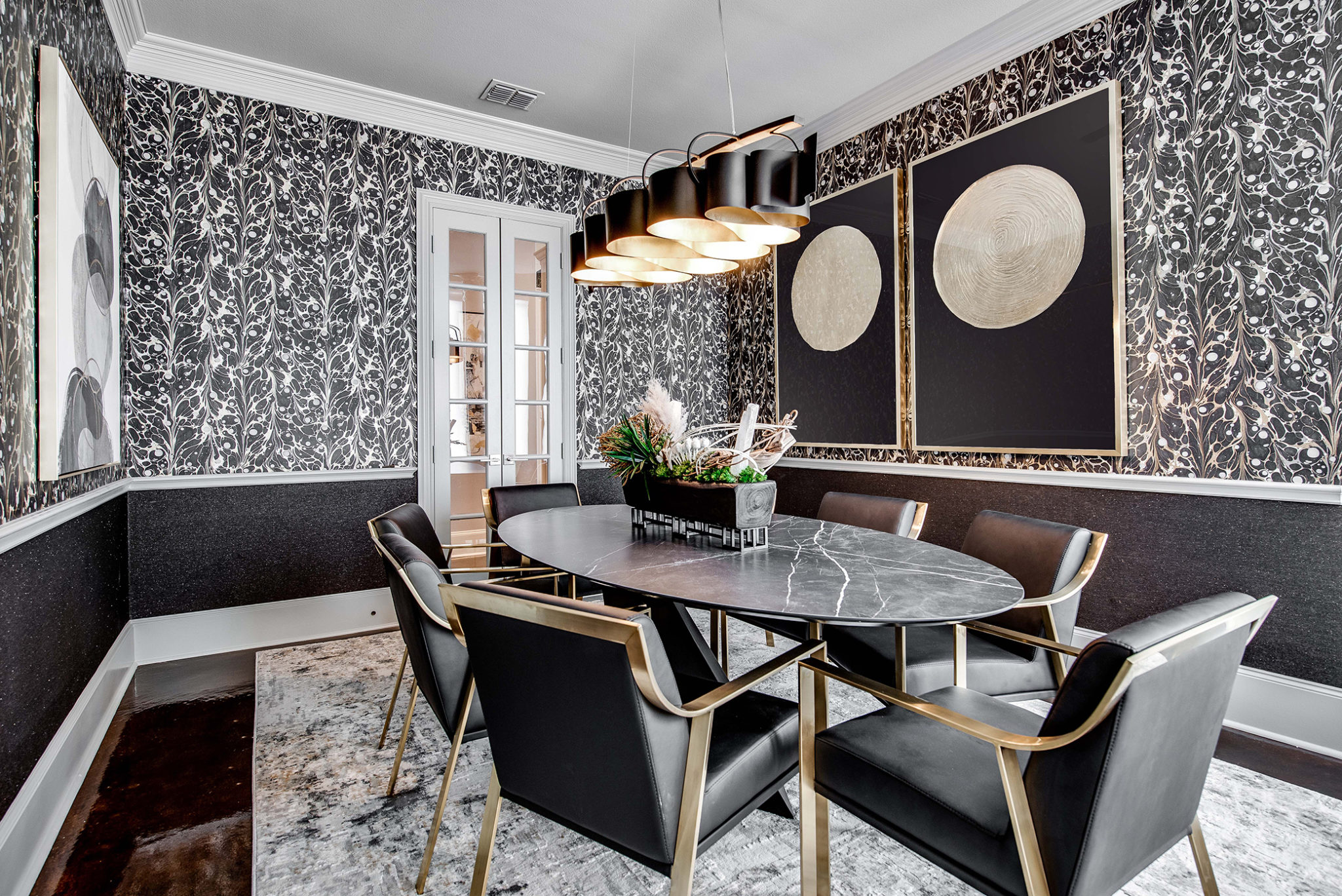Dining Room with Black and White Wallpaper
