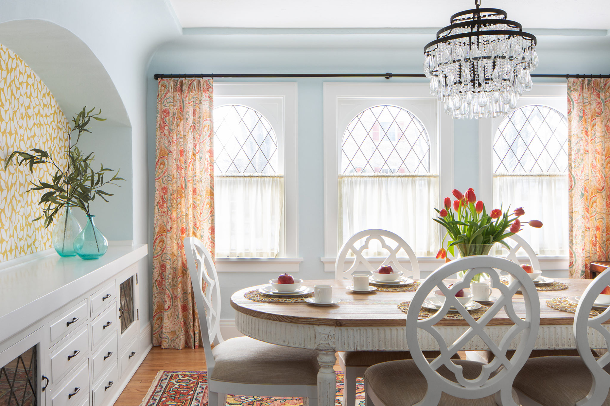 Dining Room with Two-Color Wallpaper