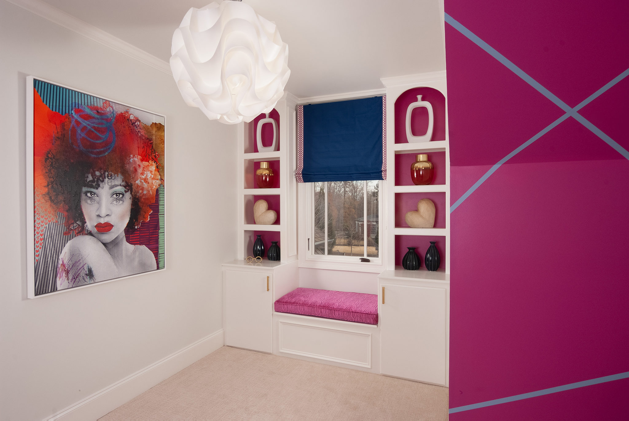 Bedroom with Hot Pink Custom Cushion on Bookcase