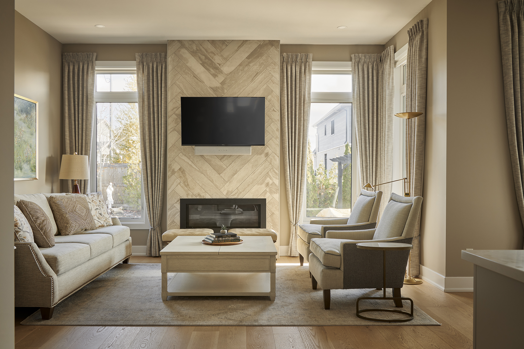 Living room with linen window treatments
